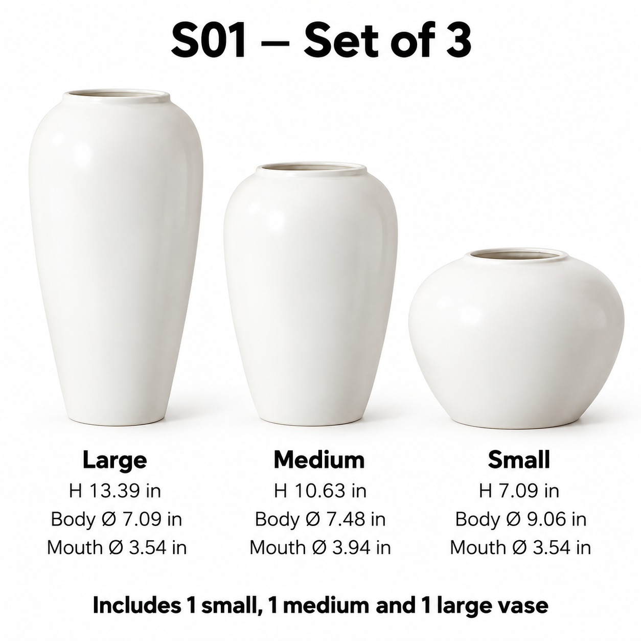 Ivory White Ceramic Vase – Three Sizes & Set of 3